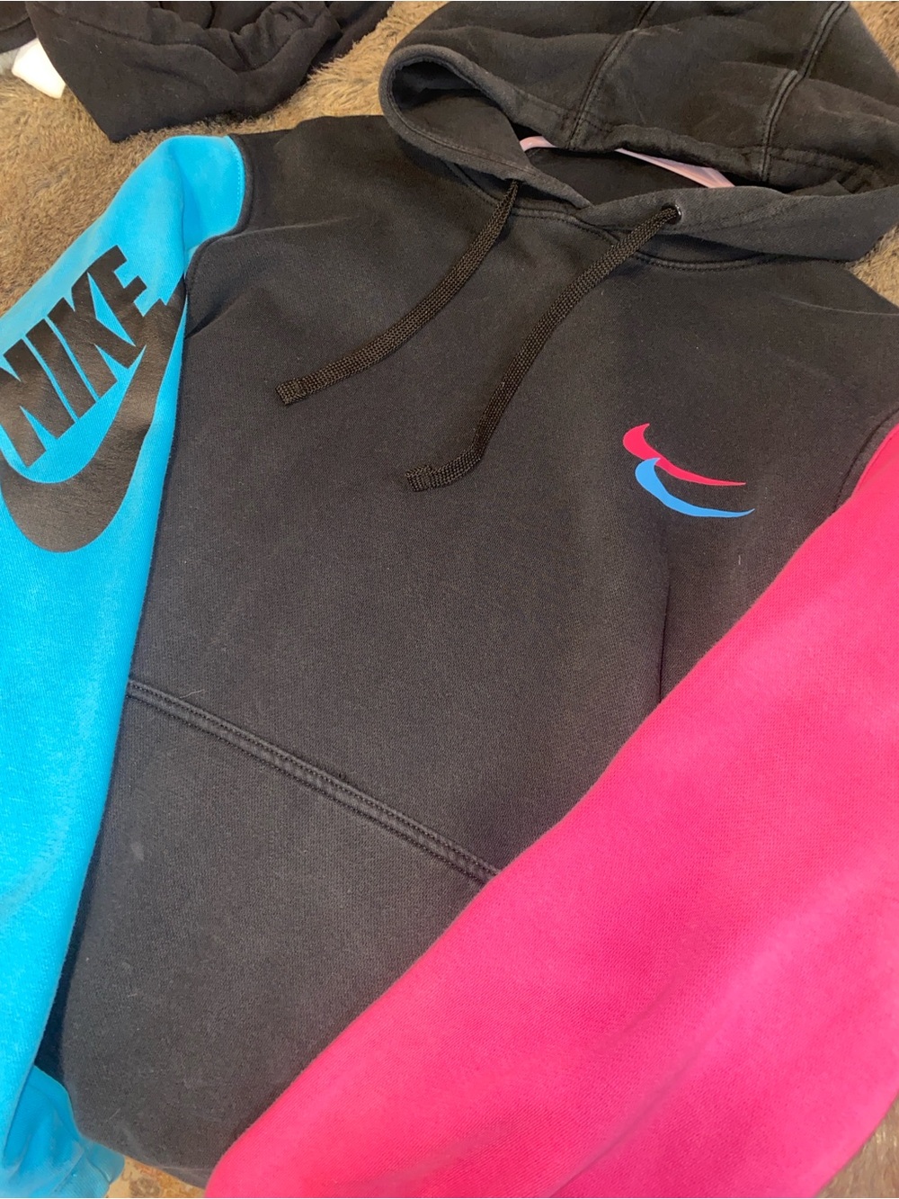 Nike Black Hoodie with Blue Left Sleeve & Pink Right Sleeve
